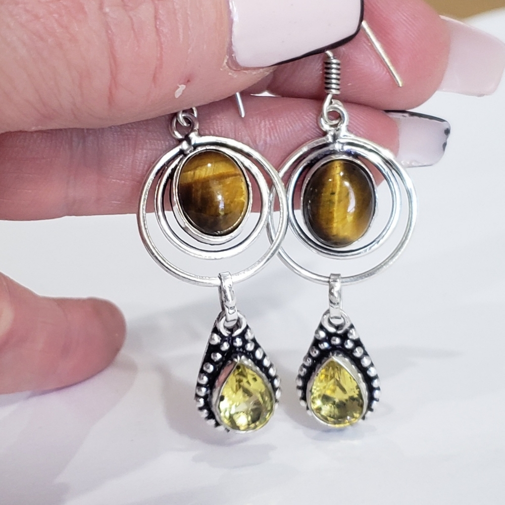Tiger eye earrings, 925 silver tiger eye citrine dangle earrings - Picture 11 of 12